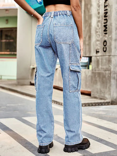 Retro Wash Elastic Waist Denim Utility Pants