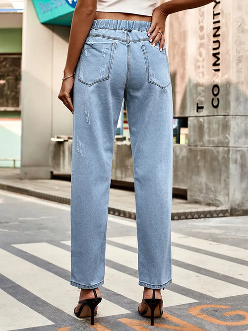 Autumn Drawstring Waist Distressed Denim Pants