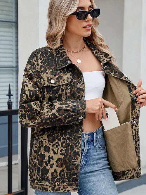 Washed Leopard Print Denim Jacket