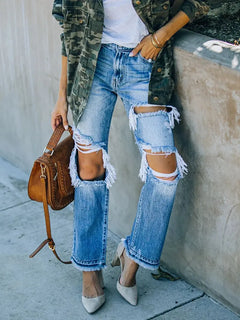 Ripped Distressed Beggar-Style Denim Pants