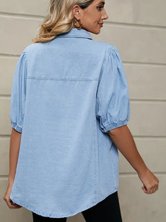 Elastic Princess-Sleeve Denim Top