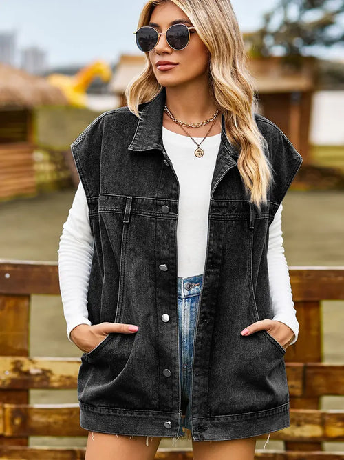 Washed Denim Vest with Unique Pockets