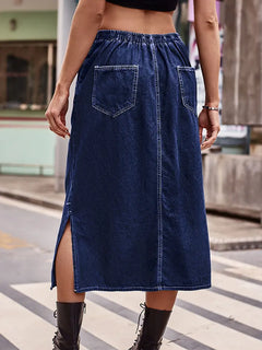 Drawstring Waist Denim Midi Skirt