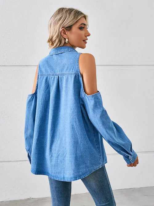 Washed Shoulder Cutout Lace-Up Denim Shirt