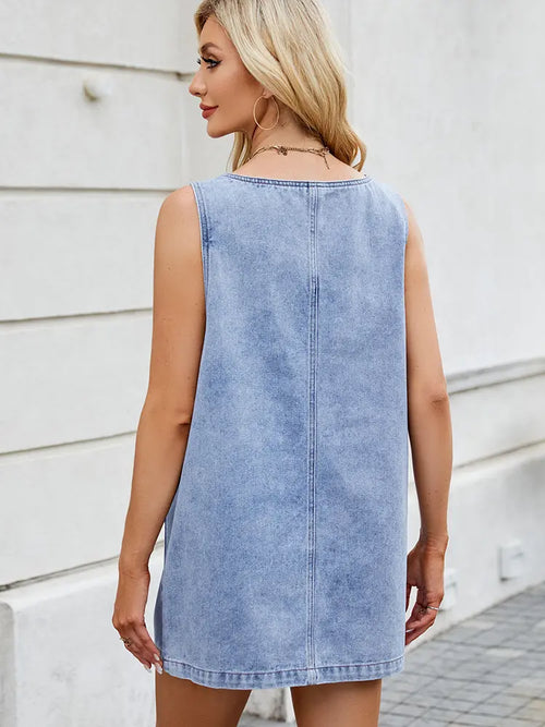 Washed Denim Suspender Dress Midi