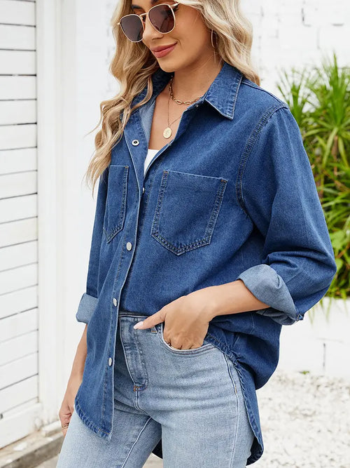 Relaxed Fit Snap-Button Long-Sleeve Denim Shirt