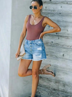 Distressed Patchwork Fringe Button-Up Denim Shorts