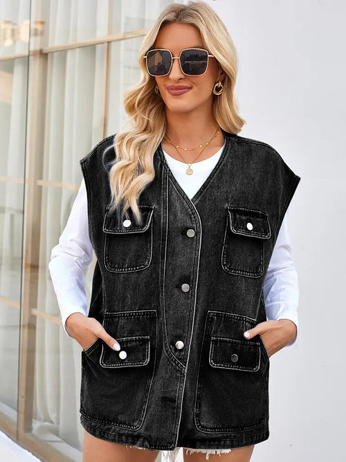 Trendy Washed Multi-Pocket Denim Vest