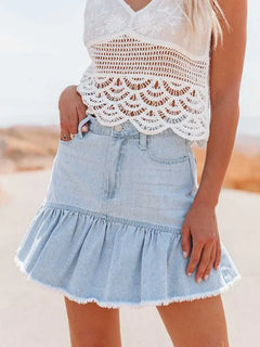 Washed Denim Pleated Midi Skirt