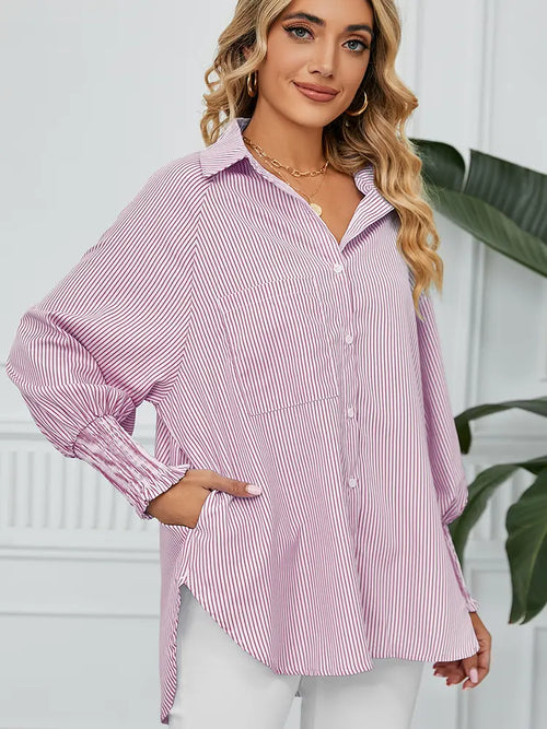 Loose-Fit Pleated Cuff Striped Shirt