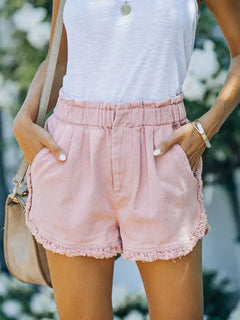 Frayed Lace Denim Elastic Waist Shorts