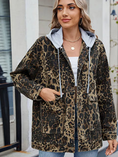 Oversized Leopard Print Hooded Denim Jacket