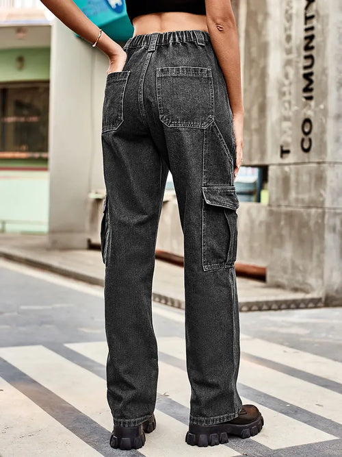 Retro Wash Elastic Waist Denim Utility Pants