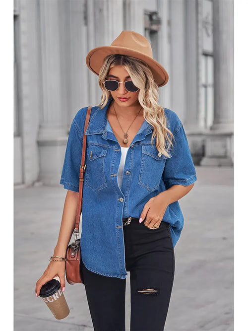 Soft Washed Denim Short-Sleeve Cardigan