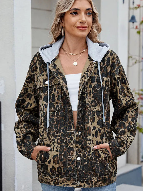 Washed Leopard Print Hooded Denim Jacket