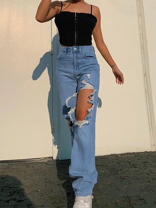 Summer Loose Straight-Leg Ripped Jeans