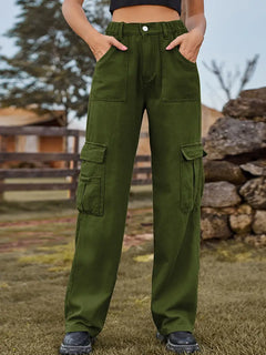 American Style Elastic-Waist Denim Cargo Pants