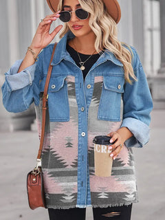 Aztec Geometric Long Denim Patchwork Wool Coat