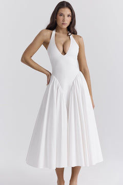 White Cotton Halter Midi Sundress