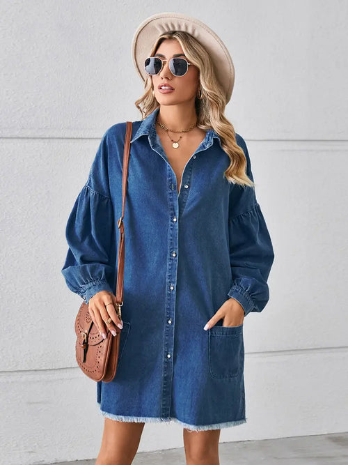 Oversized Frayed Denim Midi Dress