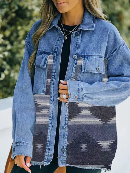 Boho Geometric Patchwork Denim Wool Coat