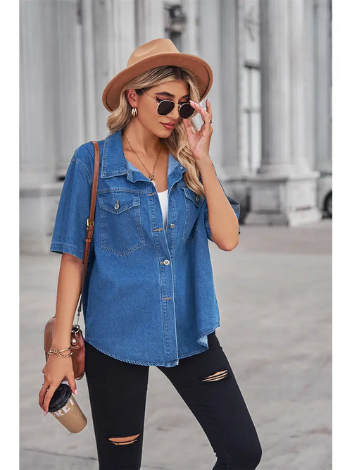 Soft Washed Denim Short-Sleeve Cardigan