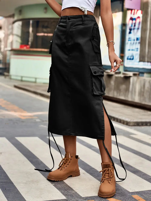 Lace-Up Denim Cargo Skirt