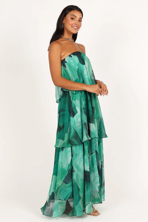 Calista Green Bloom Strapless Tiered Maxi Dress