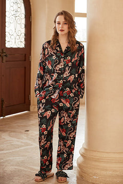 Jaguar and Floral Print Long-Sleeve Loungewear Set