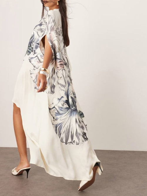 Oversized Floral Print High Neck Asymmetric Hem Midi Dress