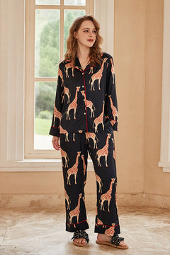 Black Giraffe Print Long-Sleeve Pajama Set