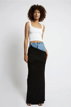 Black Ruched Denim Skirt