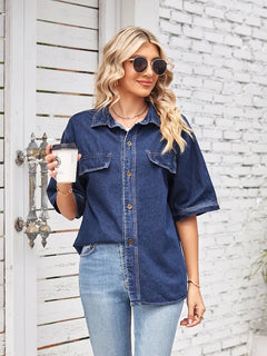 Short-Sleeve Button-Up Casual Denim Shirt