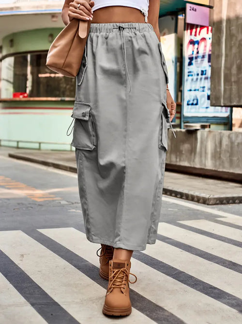 Drawstring Denim Cargo Midi Skirt