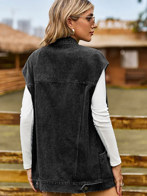 Washed Denim Vest with Unique Pockets