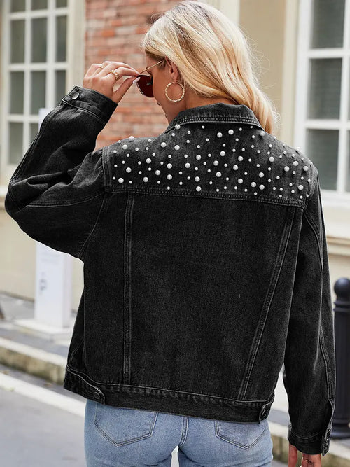 Slim-Fit Pearl-Shoulder Denim Jacket