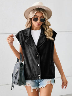 Loose-Fit Blazer Collar Washed Denim Vest