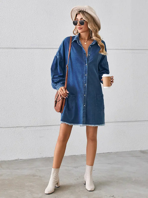 Oversized Frayed Denim Midi Dress