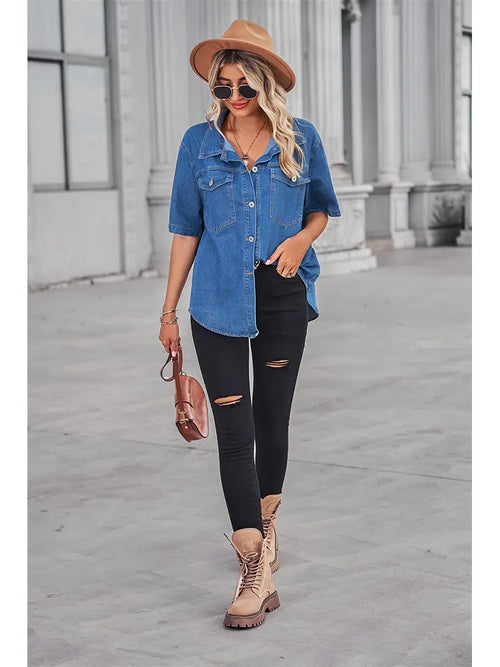 Soft Washed Denim Short-Sleeve Cardigan