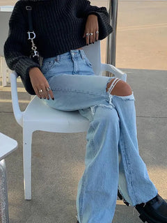 Trendy Flared Wide-Leg Ripped Denim Jeans