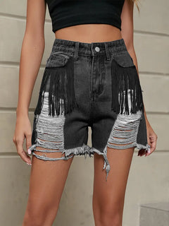 Fringe Washed Denim Shorts