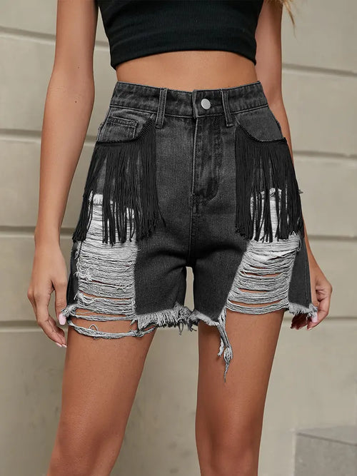 Fringe Washed Denim Shorts