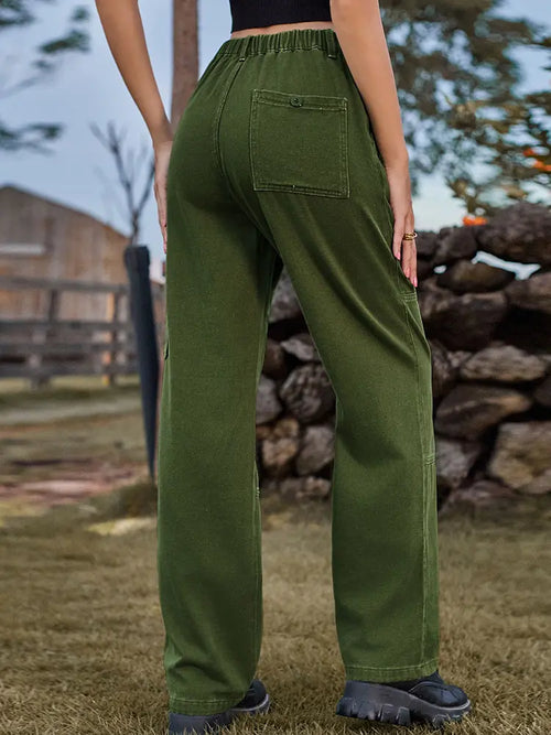 Elastic Waist Relaxed Fit Denim Cargo Pants