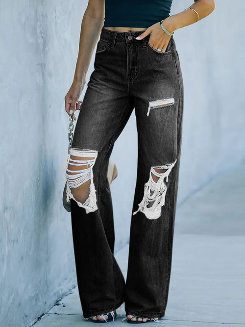 Distressed Washed Wide-Leg Street Denim Pants