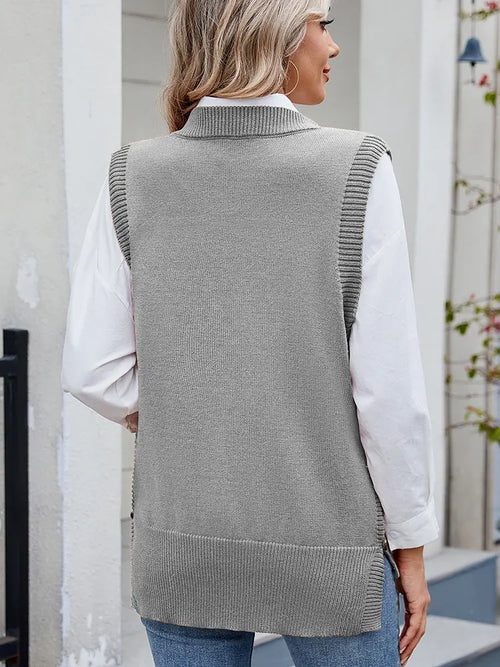 Casual Versatile Solid Button Slit Knit Sweater