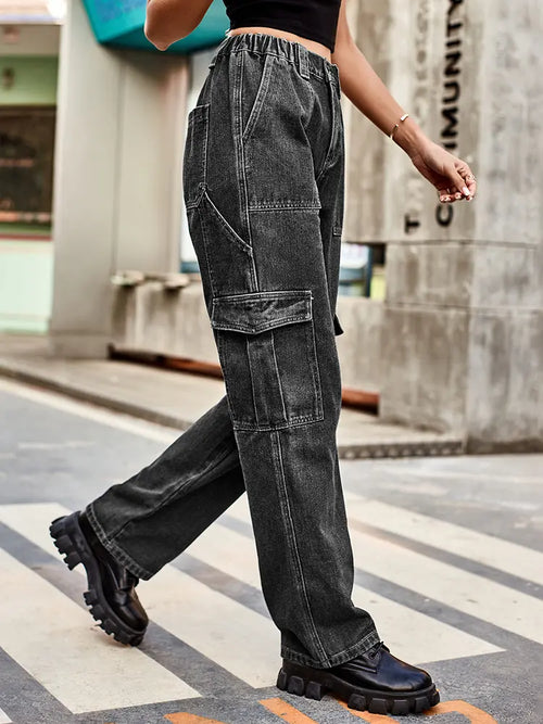 Retro Wash Elastic Waist Denim Utility Pants