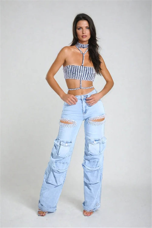 Cut Out Rhinestone Cargo Jeans