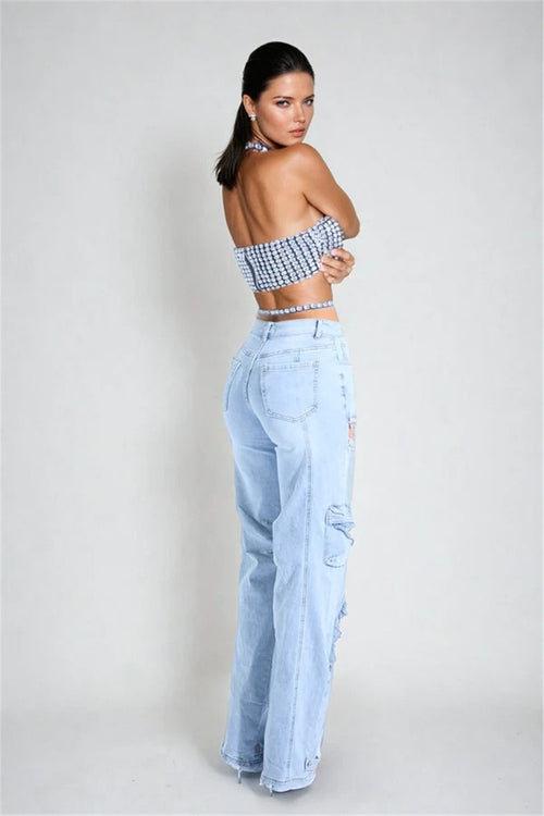 Cut Out Rhinestone Cargo Jeans