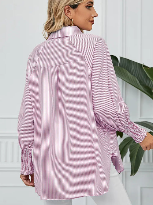 Loose-Fit Pleated Cuff Striped Shirt