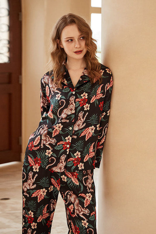 Jaguar and Floral Print Long-Sleeve Loungewear Set